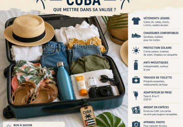 Valise pour Cuba avec passeport, e‑Visa, D’Viajeros, cash, médicaments et batterie externe