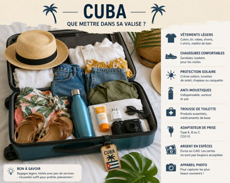 Valise pour Cuba avec passeport, e‑Visa, D’Viajeros, cash, médicaments et batterie externe