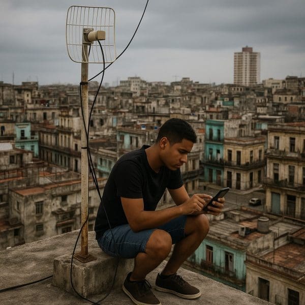 Habitants à Cuba cherchant une barre de réseau mobile depuis un toit