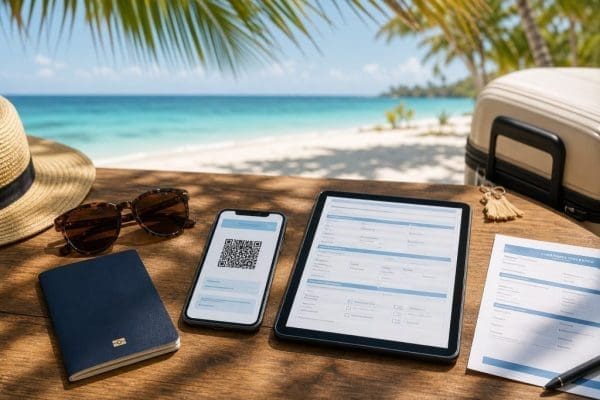 Cuba travel planning with documents, phone, travel essentials and a tropical beach