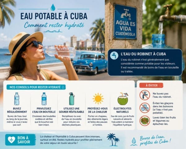 Bouteille d’eau scellée recommandée à Cuba avec précautions pour le robinet et les glaçons