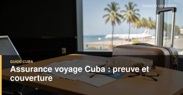 Documents d’assurance voyage et trousse de premiers soins préparés avant un départ pour Cuba