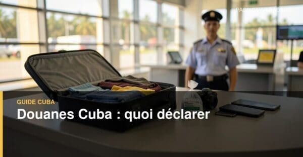 Valise de voyage ouverte sur un comptoir dans un aéroport cubain