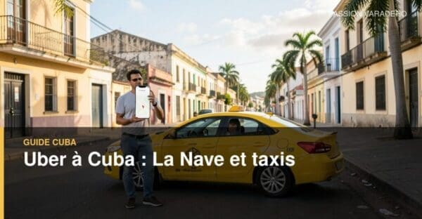 Un voyageur consulte son téléphone à côté d’un taxi dans une rue cubaine.