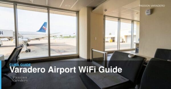 Airport WiFi access point and offline travel documents in a Caribbean airport waiting area