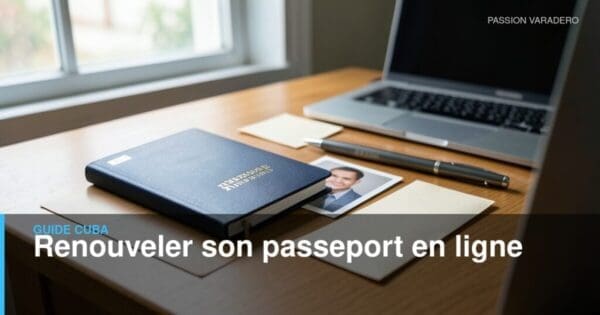 Documents de renouvellement d’un passeport canadien disposés sur un bureau avec ordinateur, photo et enveloppe.