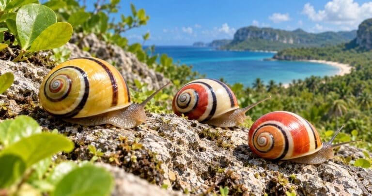 Illustration of three colourful spiral-shelled land snails in lush tropical vegetation near the Cuban coast.