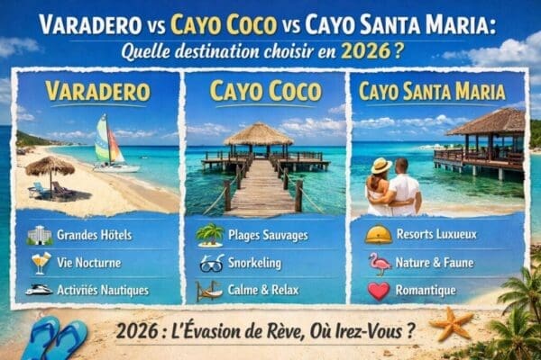 Comparaison entre Varadero, Cayo Coco et Cayo Santa María selon plages, hôtels, transferts, services et isolement
