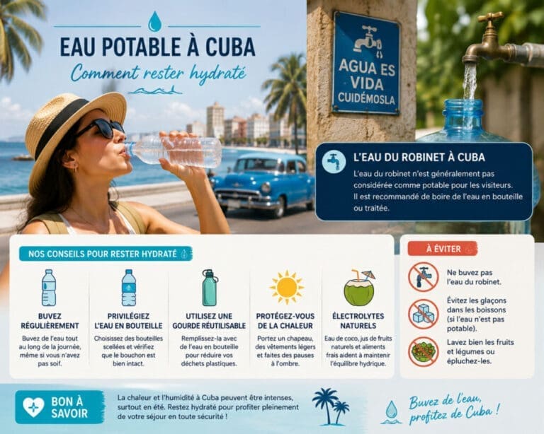 Bouteille d’eau scellée recommandée à Cuba avec précautions pour le robinet et les glaçons