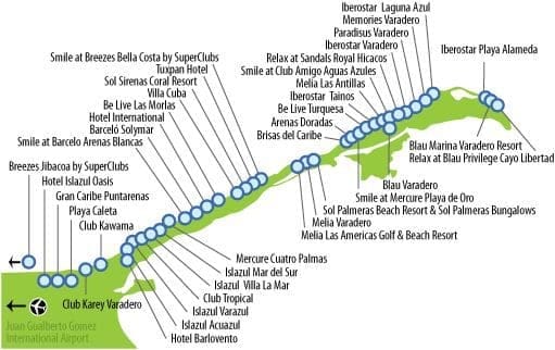 Map of Varadero hotels on the resort strip showing resort locations from downtown to Punta Hicacos